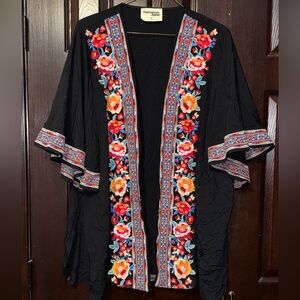 Savanna Jane Black Open-Front Kimono with Multicolor Floral Embroidery